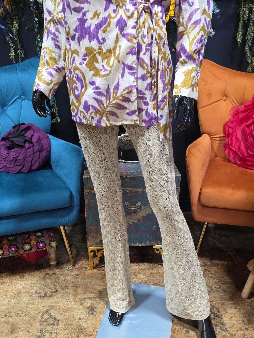 Free People Gold Woven Lace Flare Pants with Metallic Thread